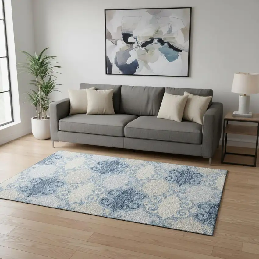 Sky Blue Ivory And Beige Trellis Washable Area Rug With UV Protection Photo 2