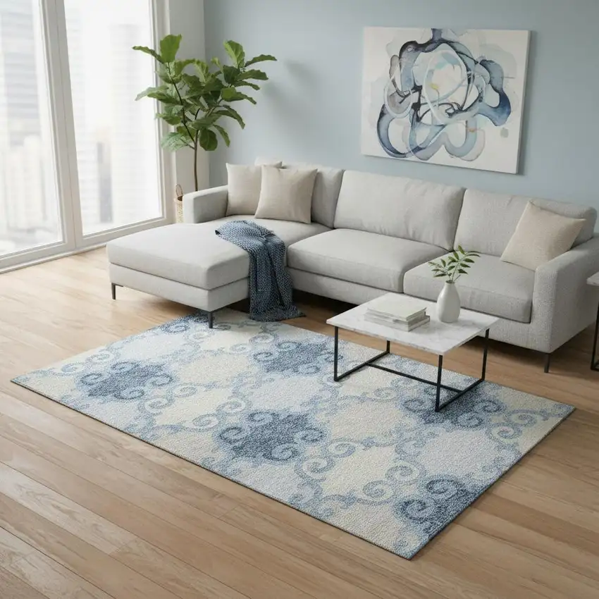Sky Blue Ivory And Beige Trellis Washable Area Rug With UV Protection Photo 2