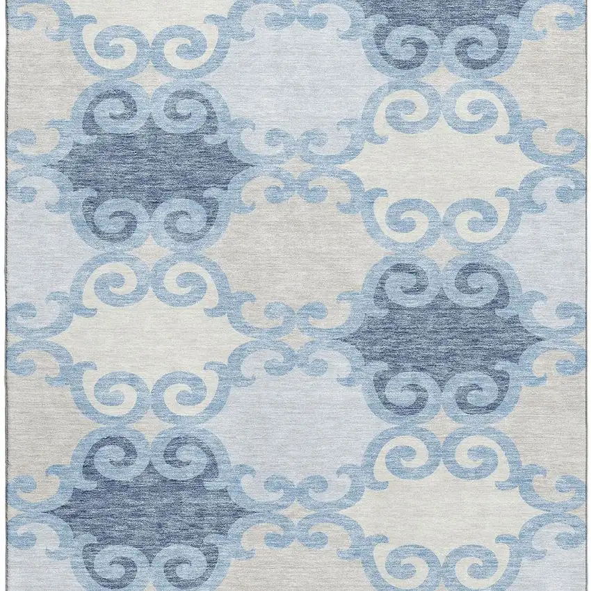 Sky Blue Ivory And Beige Trellis Washable Area Rug With UV Protection Photo 4
