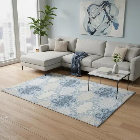 Sky Blue Ivory And Beige Trellis Washable Area Rug With UV Protection Photo 2