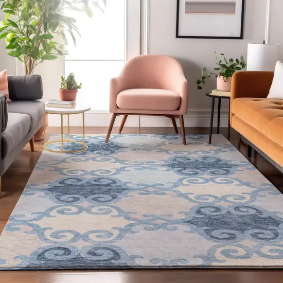 Sky Blue Ivory And Beige Trellis Washable Area Rug With UV Protection Photo 5