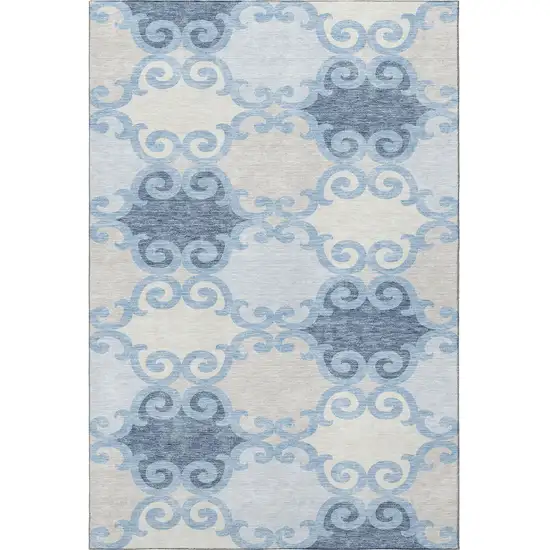 Sky Blue Ivory And Beige Trellis Washable Area Rug With UV Protection Photo 4