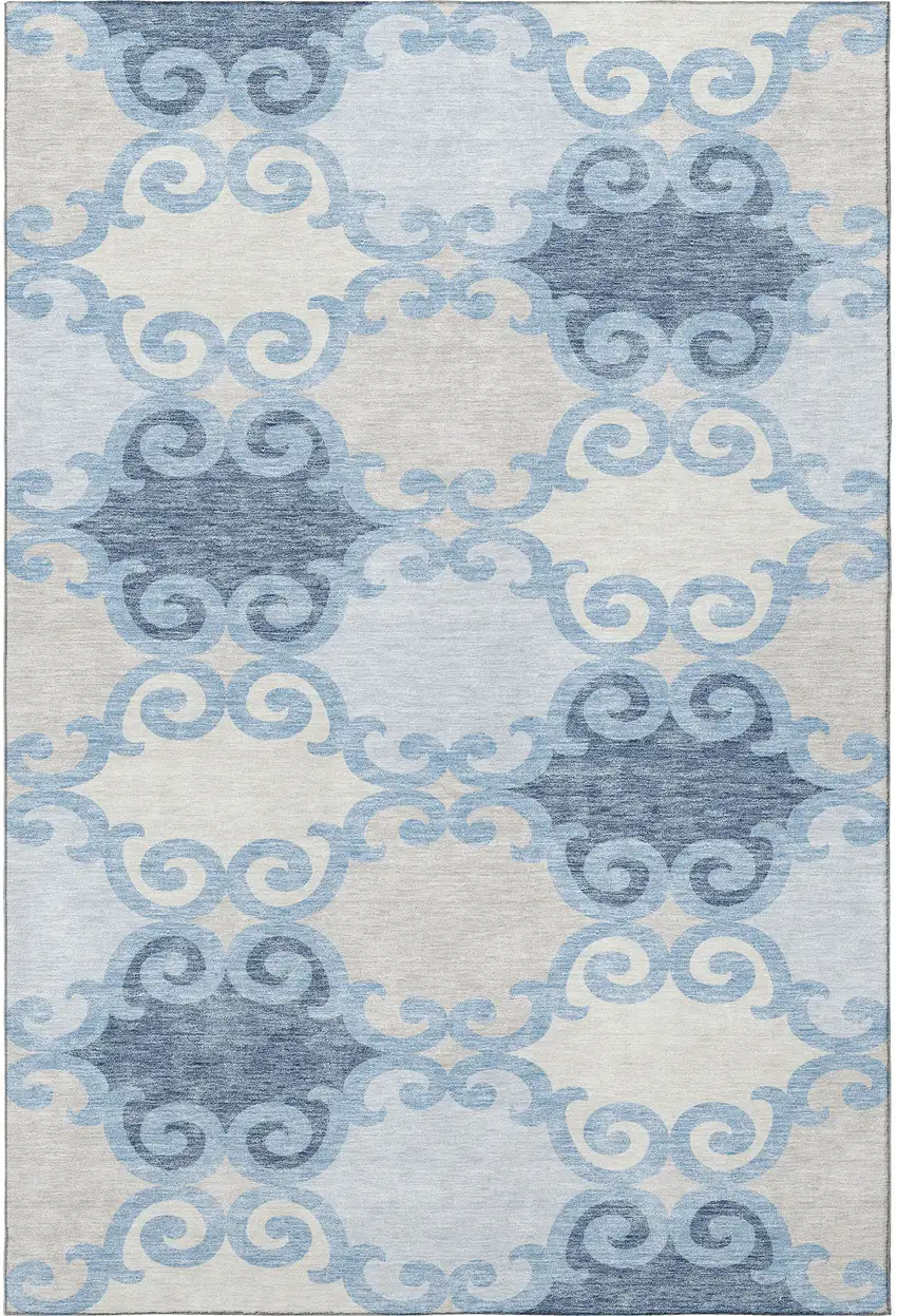 Sky Blue Ivory And Beige Trellis Washable Area Rug With UV Protection Photo 4