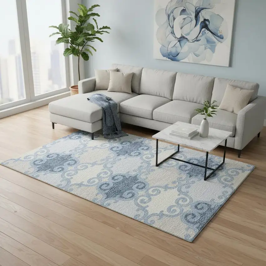 Sky Blue Ivory And Beige Trellis Washable Area Rug With UV Protection Photo 2