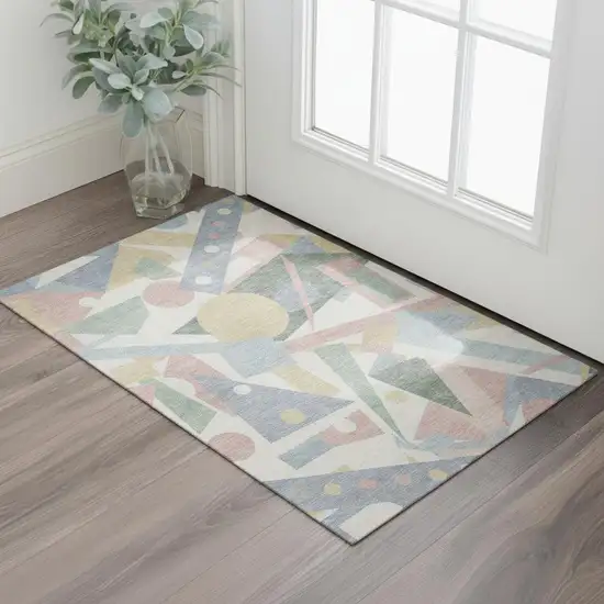 Sky Blue Ivory And Blush Geometric Washable Area Rug With UV Protection Photo 2