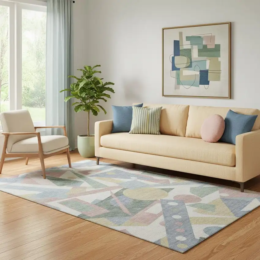 Sky Blue Ivory And Blush Geometric Washable Area Rug With UV Protection Photo 2