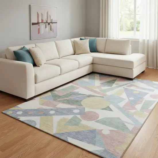 Sky Blue Ivory And Blush Geometric Washable Area Rug With UV Protection Photo 2