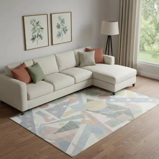 Sky Blue Ivory And Blush Geometric Washable Area Rug With UV Protection Photo 2