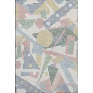 Photo of Sky Blue Ivory And Blush Geometric Washable Area Rug With UV Protection
