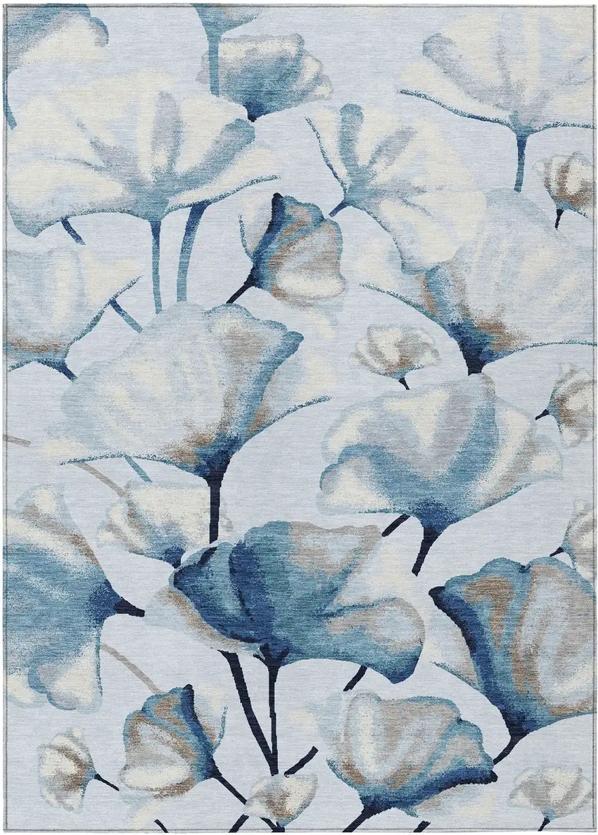 Sky Blue Ivory And Brown Botanical Leaves Washable Indoor Outdoor Area Rug Photo 9