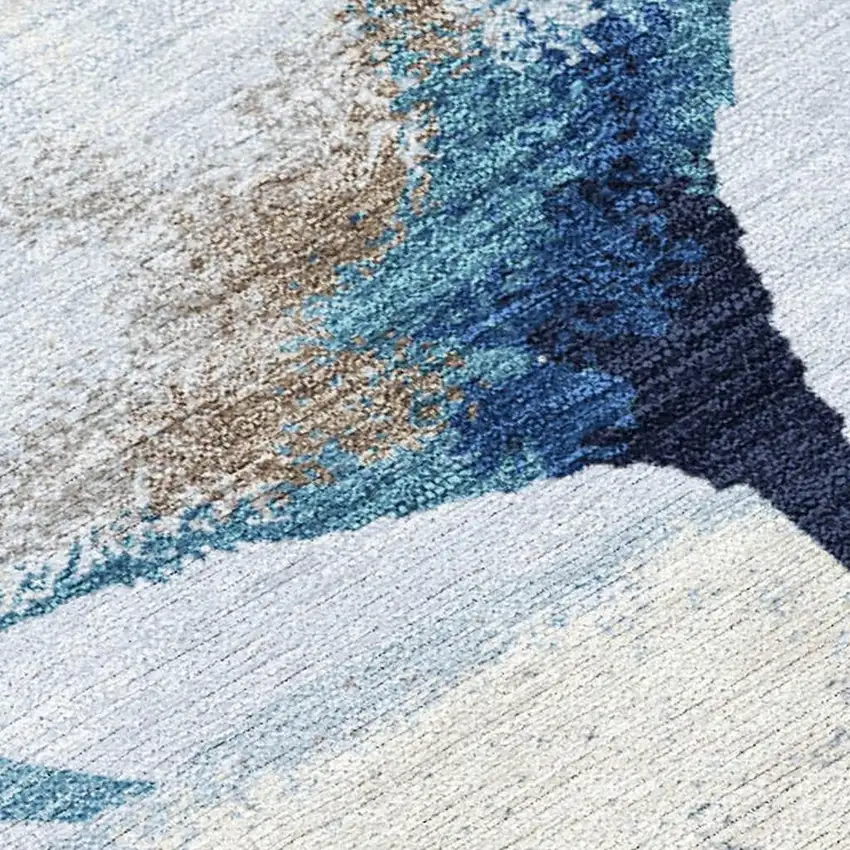 Sky Blue Ivory And Brown Botanical Leaves Washable Indoor Outdoor Area Rug Photo 2