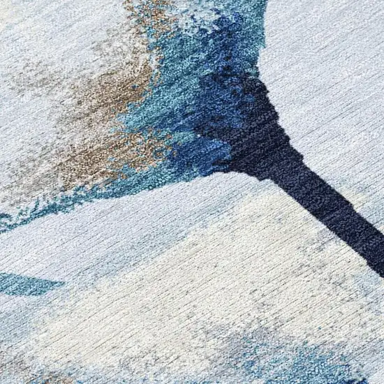 Sky Blue Ivory And Brown Botanical Leaves Washable Indoor Outdoor Area Rug Photo 3