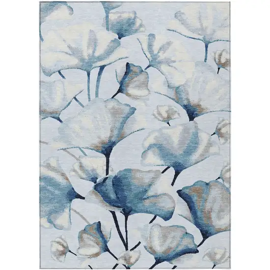 Sky Blue Ivory And Brown Botanical Leaves Washable Indoor Outdoor Area Rug Photo 8