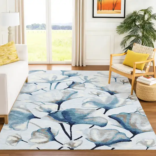 Sky Blue Ivory And Brown Botanical Leaves Washable Indoor Outdoor Area Rug Photo 4