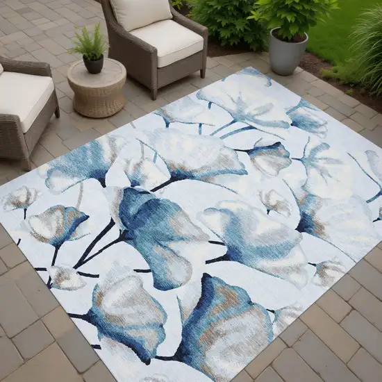 Sky Blue Ivory And Brown Botanical Leaves Washable Indoor Outdoor Area Rug Photo 6