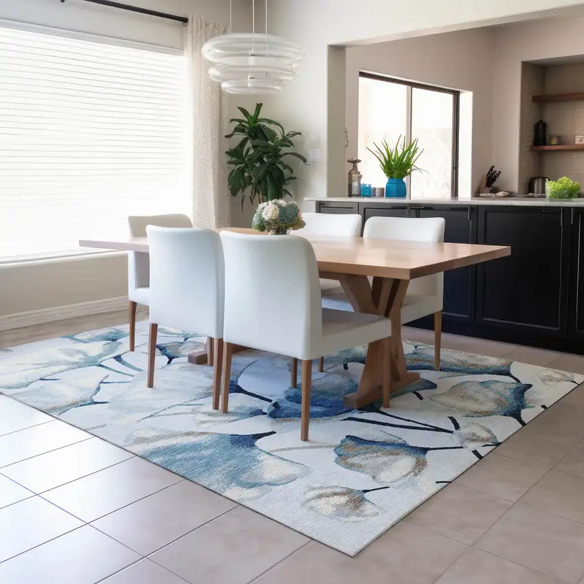 Sky Blue Ivory And Brown Botanical Leaves Washable Indoor Outdoor Area Rug Photo 5