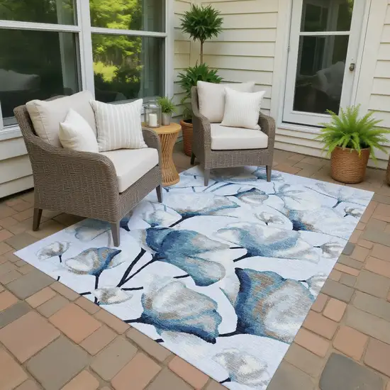 Sky Blue Ivory And Brown Botanical Leaves Washable Indoor Outdoor Area Rug Photo 3