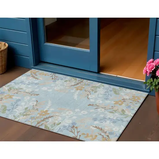Sky Blue Ivory And Brown Floral Washable Indoor Outdoor Area Rug Photo 1