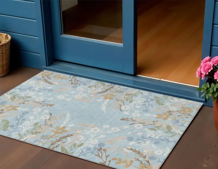 Sky Blue Ivory And Brown Floral Washable Indoor Outdoor Area Rug Photo 1