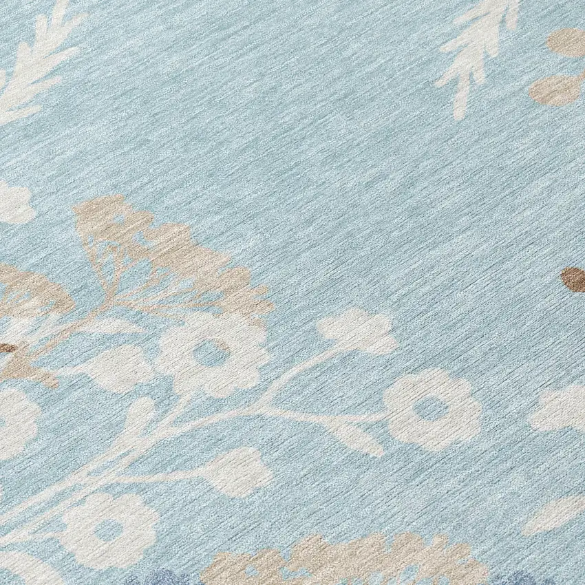 Sky Blue Ivory And Brown Floral Washable Indoor Outdoor Area Rug Photo 8