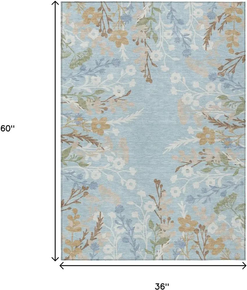 Sky Blue Ivory And Brown Floral Washable Indoor Outdoor Area Rug Photo 3