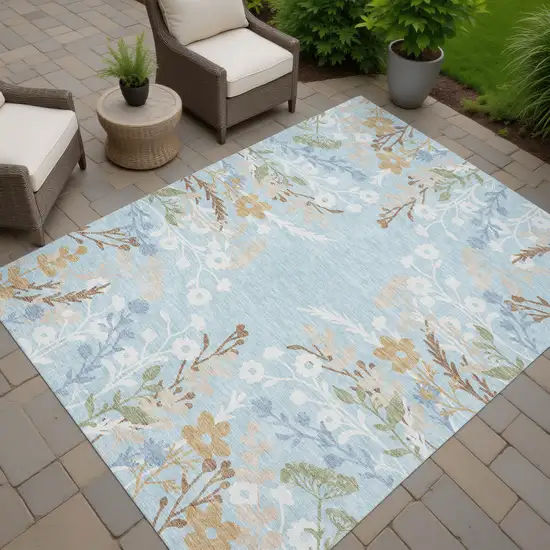 Sky Blue Ivory And Brown Floral Washable Indoor Outdoor Area Rug Photo 9