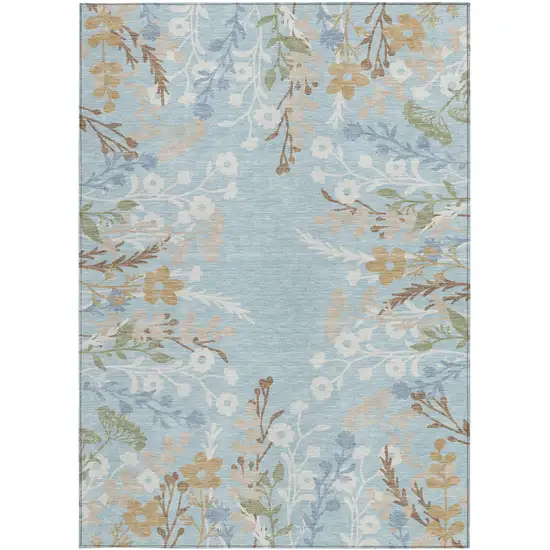Sky Blue Ivory And Brown Floral Washable Indoor Outdoor Area Rug Photo 5