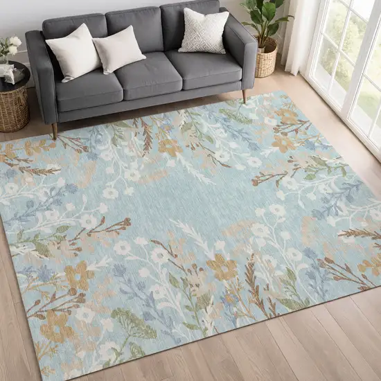 Sky Blue Ivory And Brown Floral Washable Indoor Outdoor Area Rug Photo 9