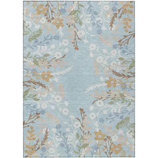 Sky Blue Ivory And Brown Floral Washable Indoor Outdoor Area Rug Photo 2