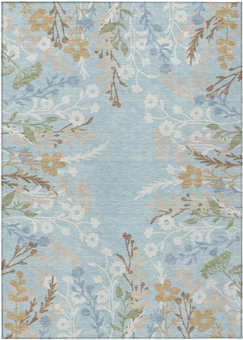 Sky Blue Ivory And Brown Floral Washable Indoor Outdoor Area Rug Photo 2