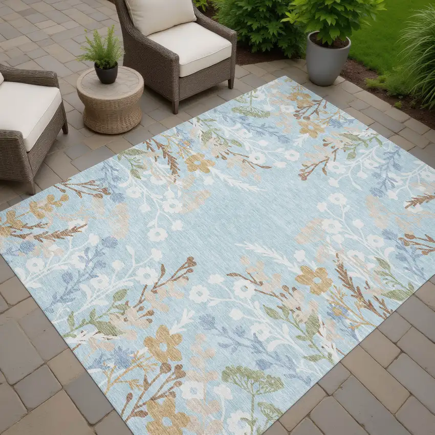 Sky Blue Ivory And Brown Floral Washable Indoor Outdoor Area Rug Photo 8