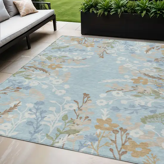 Sky Blue Ivory And Brown Floral Washable Indoor Outdoor Area Rug Photo 1