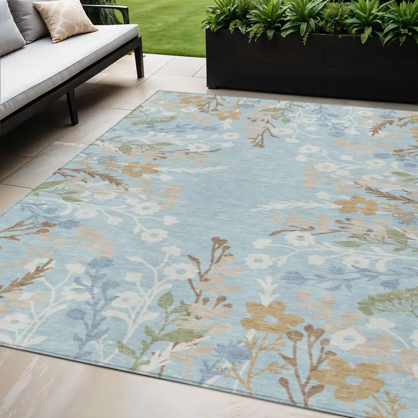 Sky Blue Ivory And Brown Floral Washable Indoor Outdoor Area Rug Photo 1