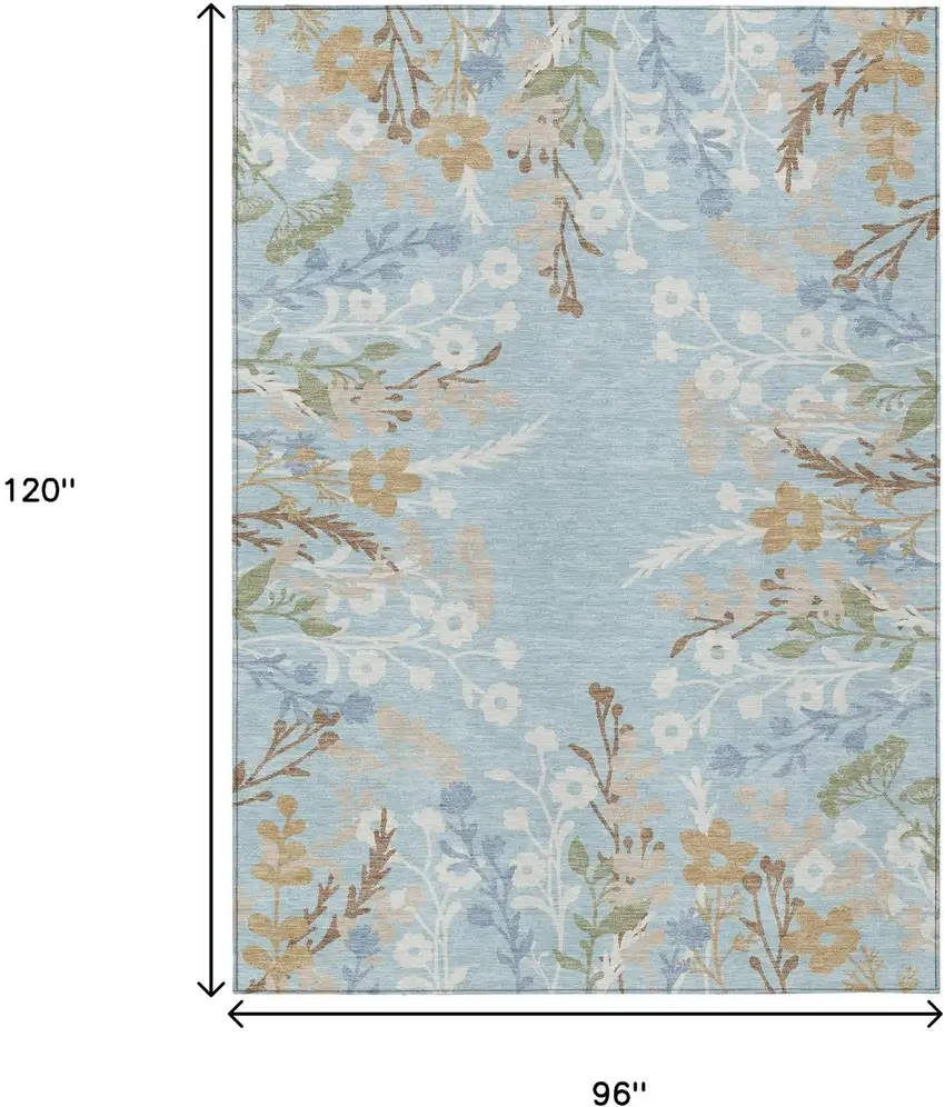 Sky Blue Ivory And Brown Floral Washable Indoor Outdoor Area Rug Photo 3