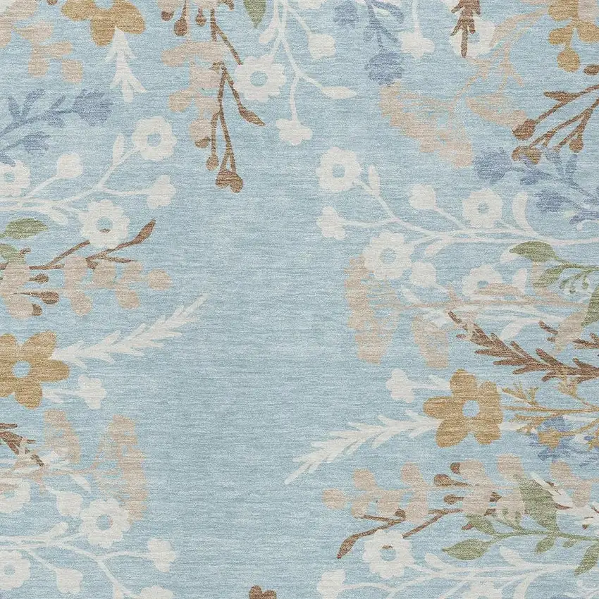 Sky Blue Ivory And Brown Floral Washable Indoor Outdoor Area Rug Photo 8