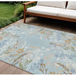 Photo of Sky Blue Ivory And Brown Floral Washable Indoor Outdoor Area Rug