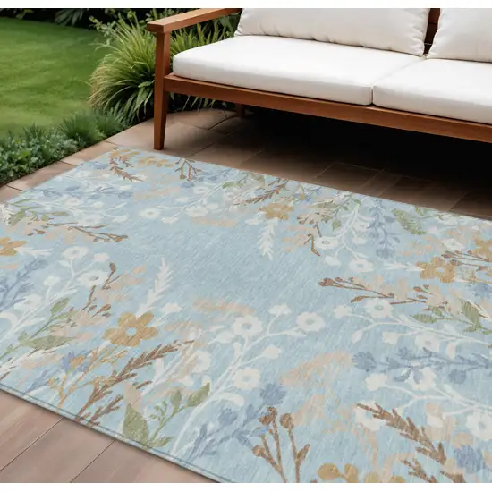 Sky Blue Ivory And Brown Floral Washable Indoor Outdoor Area Rug Photo 1