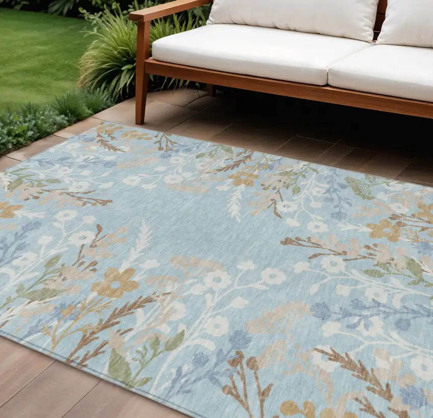 Sky Blue Ivory And Brown Floral Washable Indoor Outdoor Area Rug Photo 1