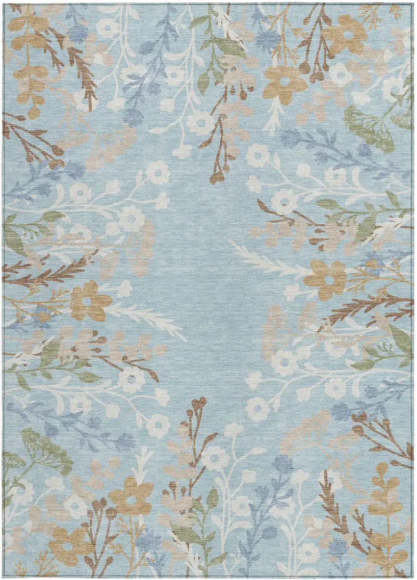 Sky Blue Ivory And Brown Floral Washable Indoor Outdoor Area Rug Photo 4