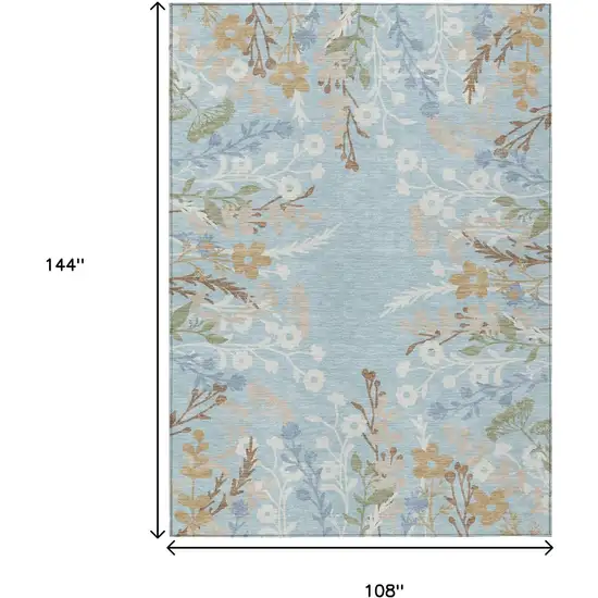 Sky Blue Ivory And Brown Floral Washable Indoor Outdoor Area Rug Photo 3