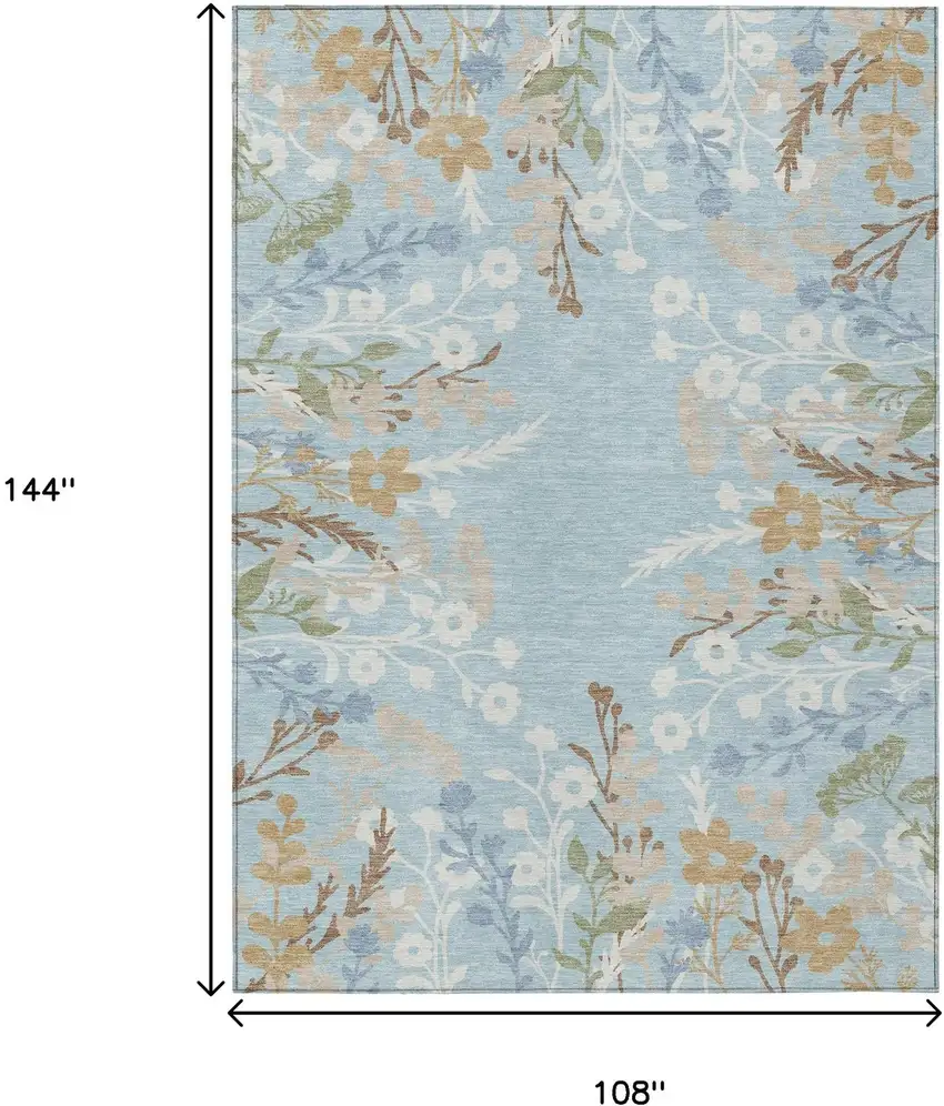 Sky Blue Ivory And Brown Floral Washable Indoor Outdoor Area Rug Photo 3