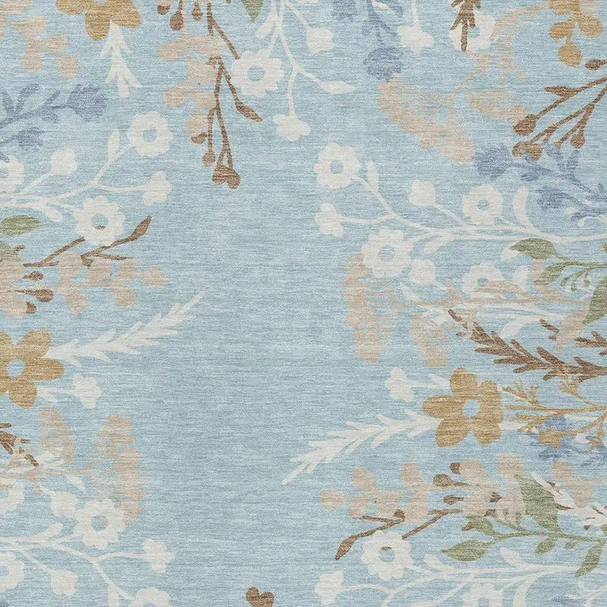 Sky Blue Ivory And Brown Floral Washable Indoor Outdoor Area Rug Photo 8
