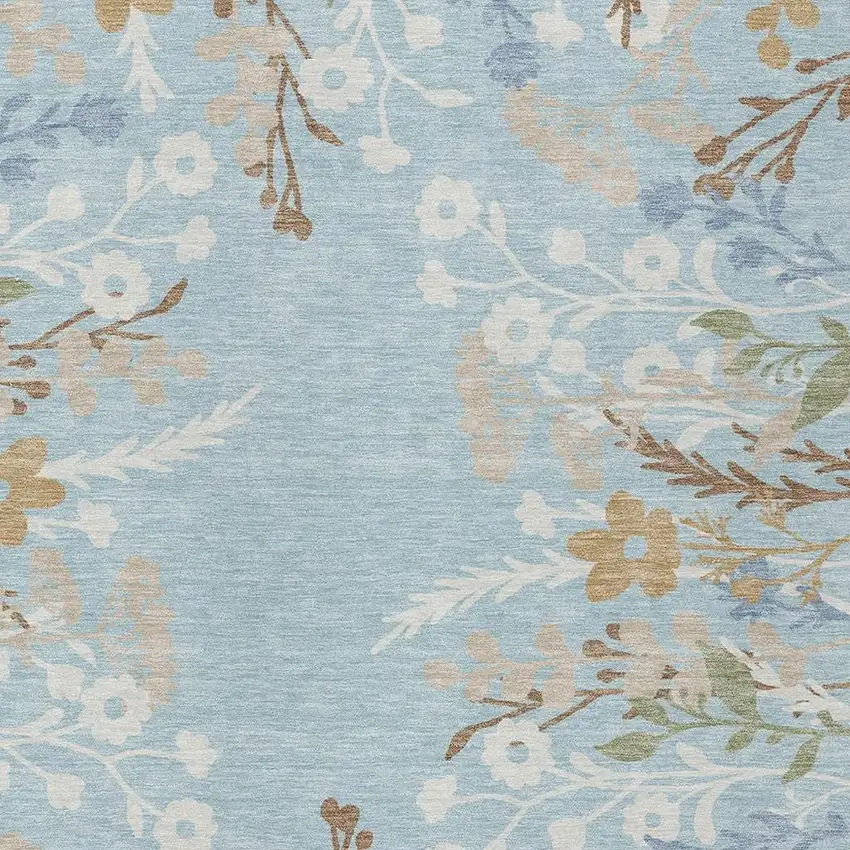 Sky Blue Ivory And Brown Floral Washable Indoor Outdoor Area Rug Photo 8