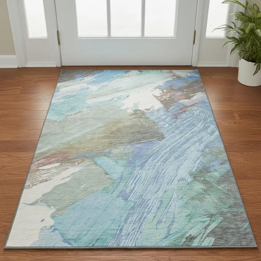 Sky Blue Ivory And Charcoal Abstract Washable Area Rug With UV Protection Photo 2