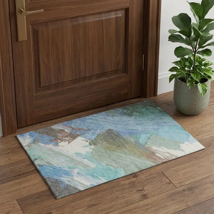 Sky Blue Ivory And Charcoal Abstract Washable Area Rug With UV Protection Photo 1