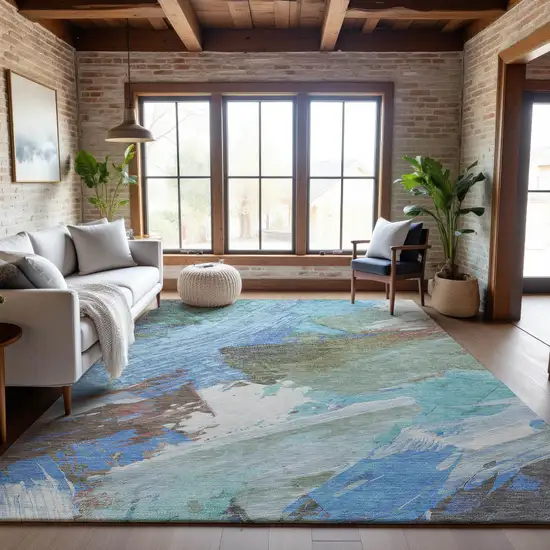 Sky Blue Ivory And Charcoal Abstract Washable Area Rug With UV Protection Photo 6