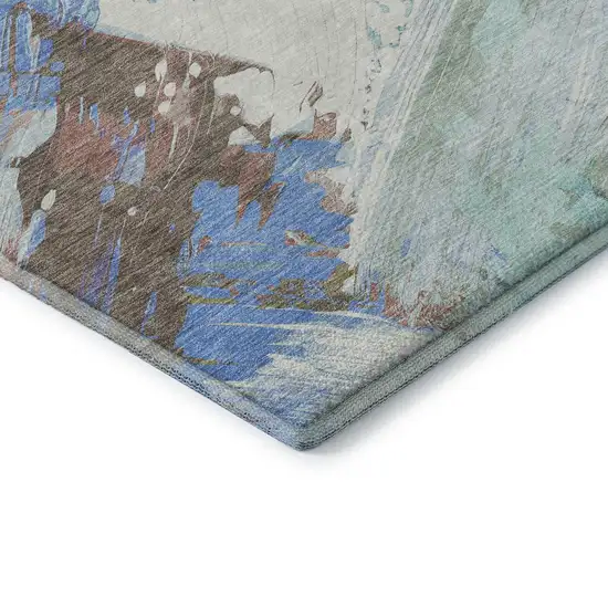 Sky Blue Ivory And Charcoal Abstract Washable Area Rug With UV Protection Photo 7