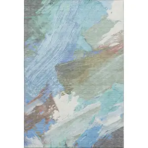 Photo of Sky Blue Ivory And Charcoal Abstract Washable Area Rug With UV Protection