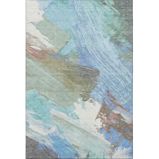 Sky Blue Ivory And Charcoal Abstract Washable Area Rug With UV Protection Photo 2