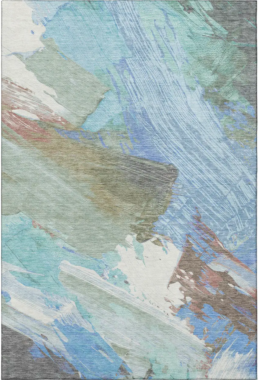 Sky Blue Ivory And Charcoal Abstract Washable Area Rug With UV Protection Photo 2